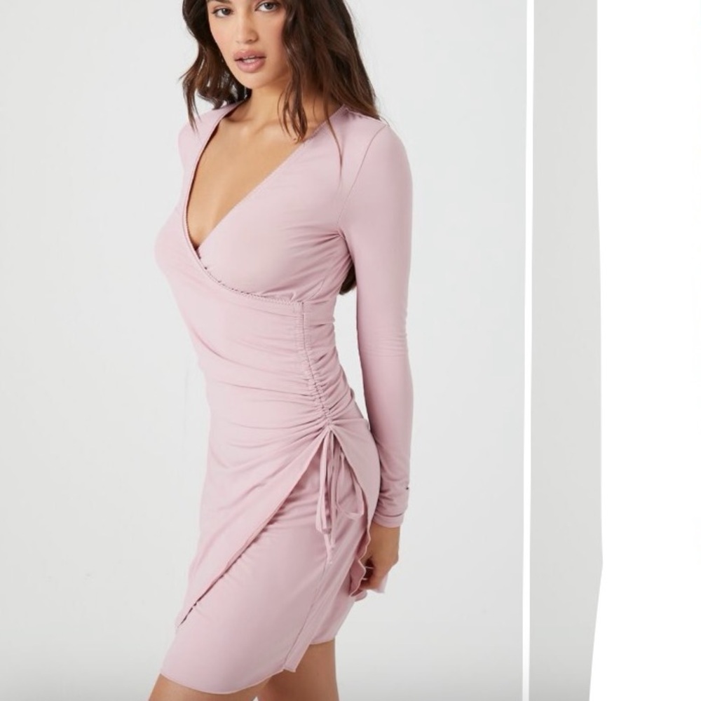 NWT Light Blush Pink Nylon Long Sleeve VNeck Cut Ruched Side Dress Juniors Small